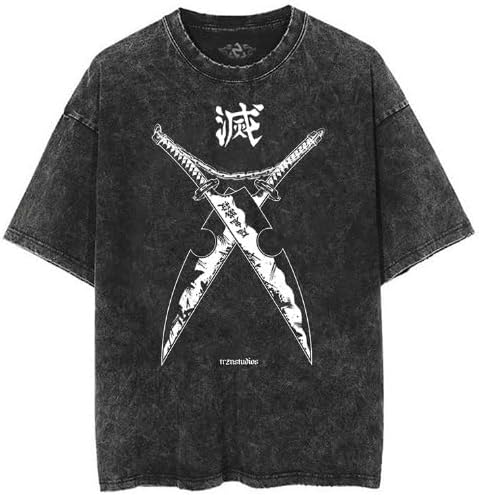 Vintage Washed Cotton Anime Graphic T-Shirt, Short Sleeve, Black, S-3XL