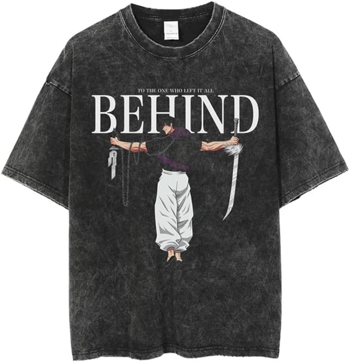 Vintage Washed Cotton Anime Graphic T-Shirt, Short Sleeve, Black, S-3XL
