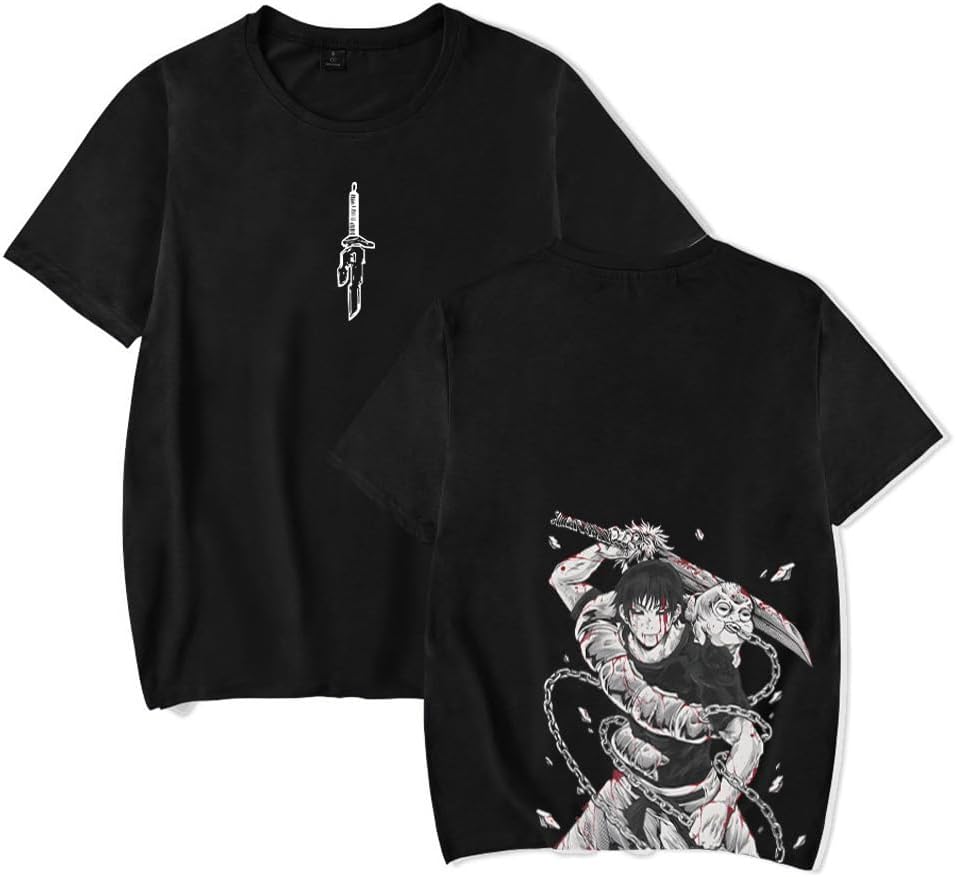 Vintage Washed Cotton Anime Graphic T-Shirt, Short Sleeve, Black, S-3XL