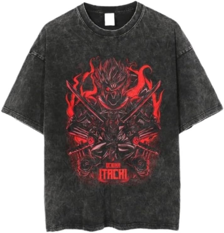 Vintage Washed Cotton Anime Graphic T-Shirt, Short Sleeve, Black, S-3XL