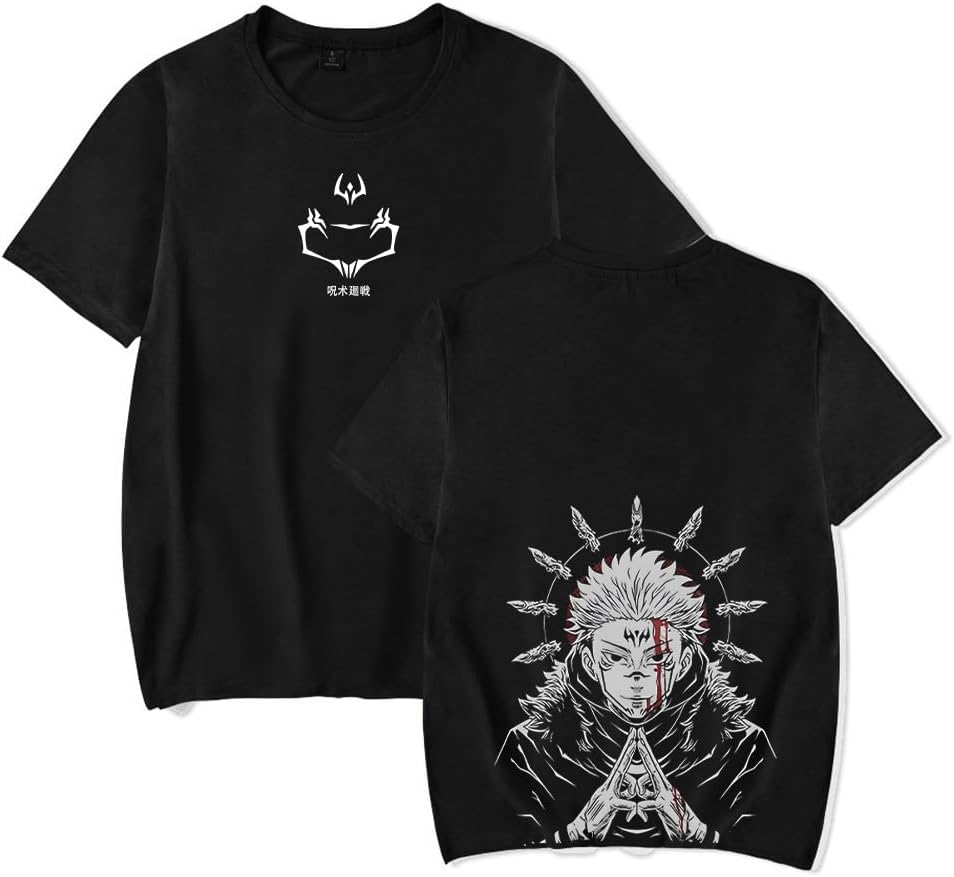 Vintage Washed Cotton Anime Graphic T-Shirt, Short Sleeve, Black, S-3XL