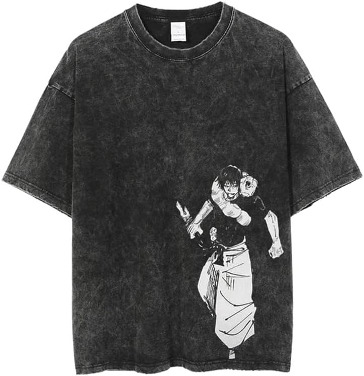 Vintage Washed Cotton Anime Graphic T-Shirt, Short Sleeve, Black, S-3XL