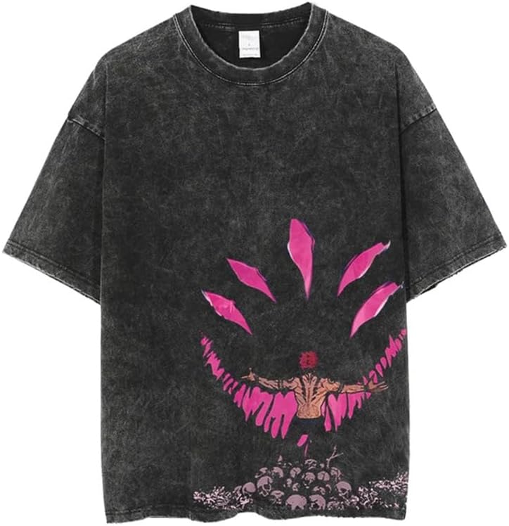 Vintage Washed Cotton Anime Graphic T-Shirt, Short Sleeve, Black, S-3XL