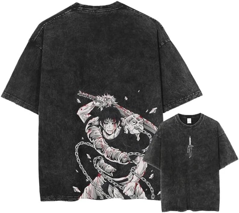 Vintage Washed Cotton Anime Graphic T-Shirt, Short Sleeve, Black, S-3XL