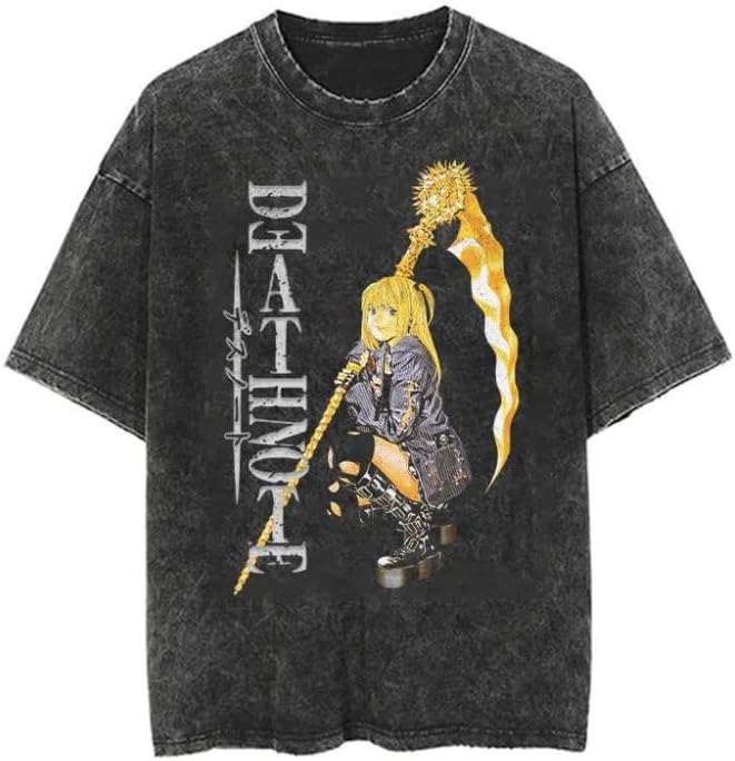 Vintage Washed Cotton Anime Graphic T-Shirt, Short Sleeve, Black, S-3XL
