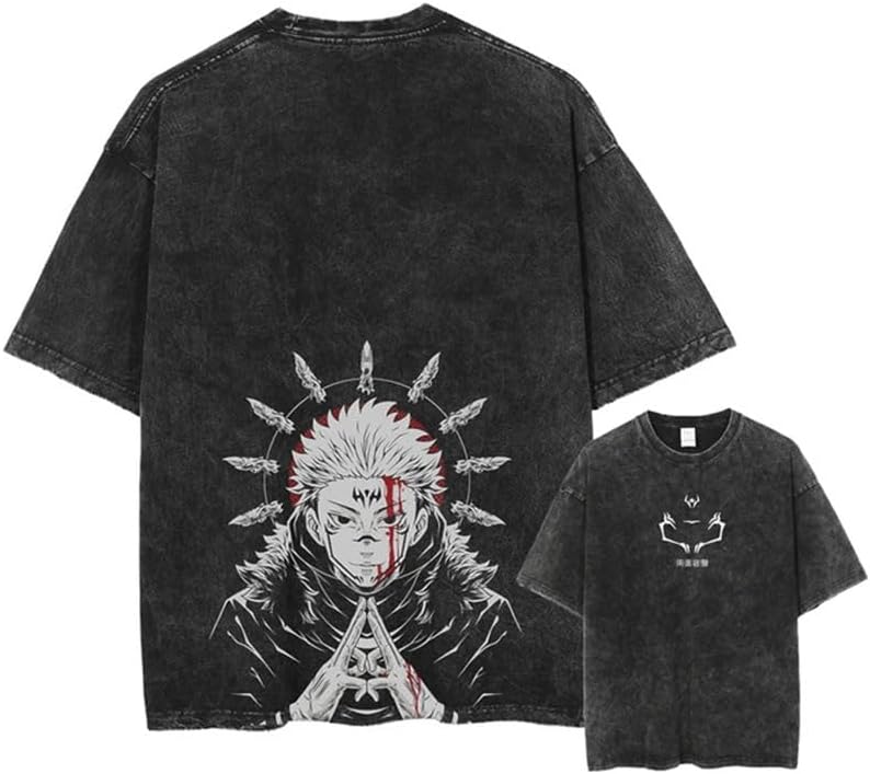 Vintage Washed Cotton Anime Graphic T-Shirt, Short Sleeve, Black, S-3XL
