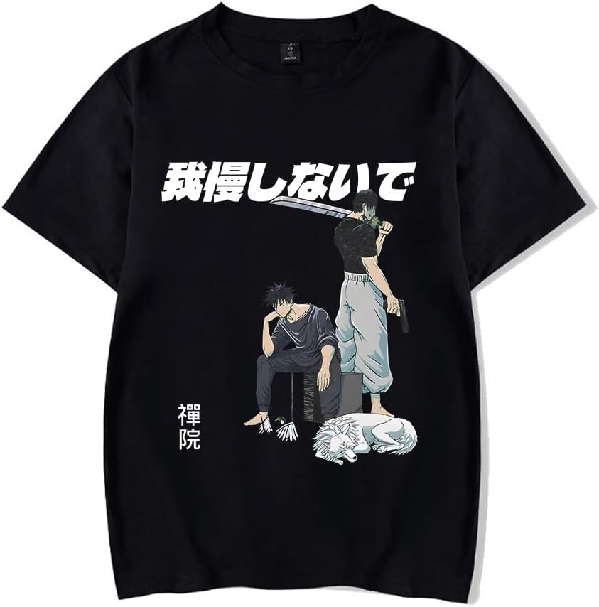 Vintage Washed Cotton Anime Graphic T-Shirt, Short Sleeve, Black, S-3XL