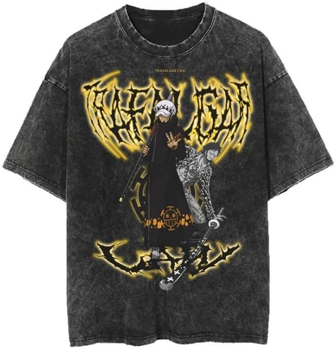 Vintage Washed Cotton Anime Graphic T-Shirt, Short Sleeve, Black, S-3XL