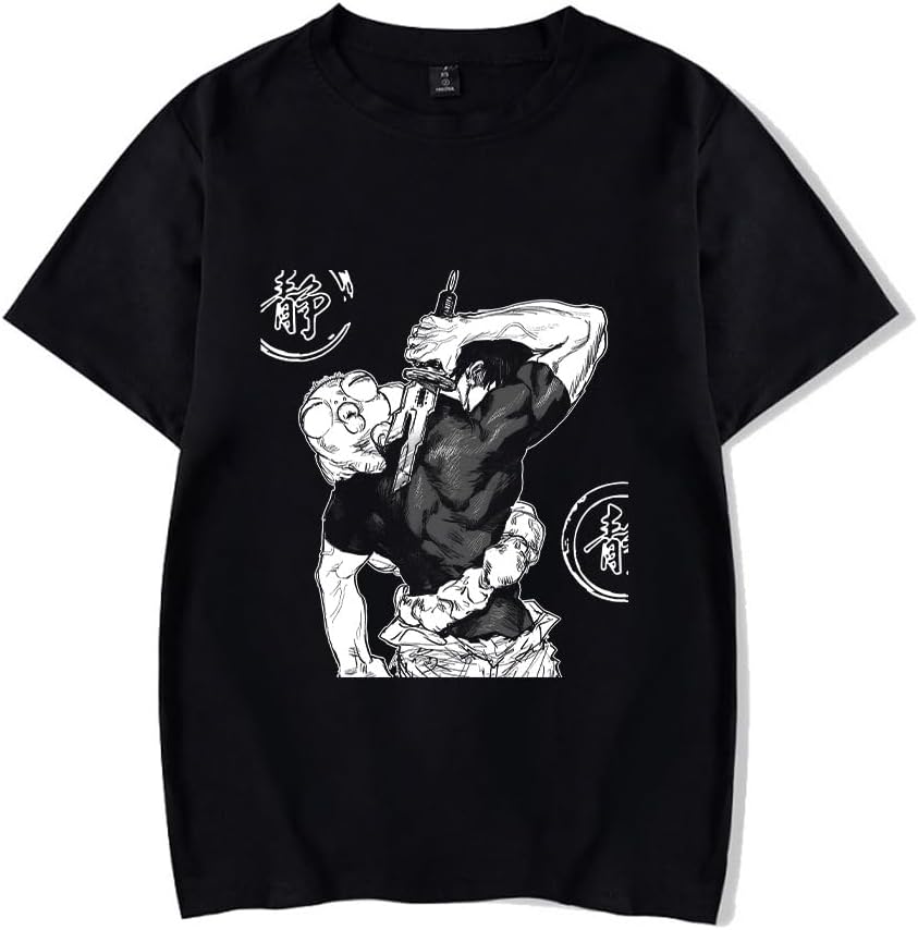 Vintage Washed Cotton Anime Graphic T-Shirt, Short Sleeve, Black, S-3XL
