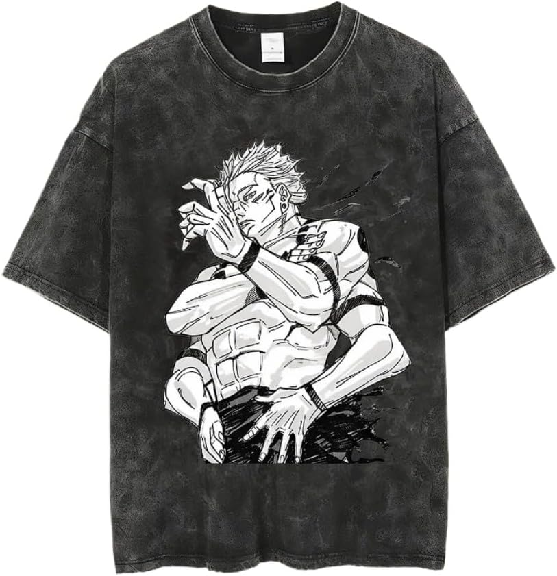 Vintage Washed Cotton Anime Graphic T-Shirt, Short Sleeve, Black, S-3XL