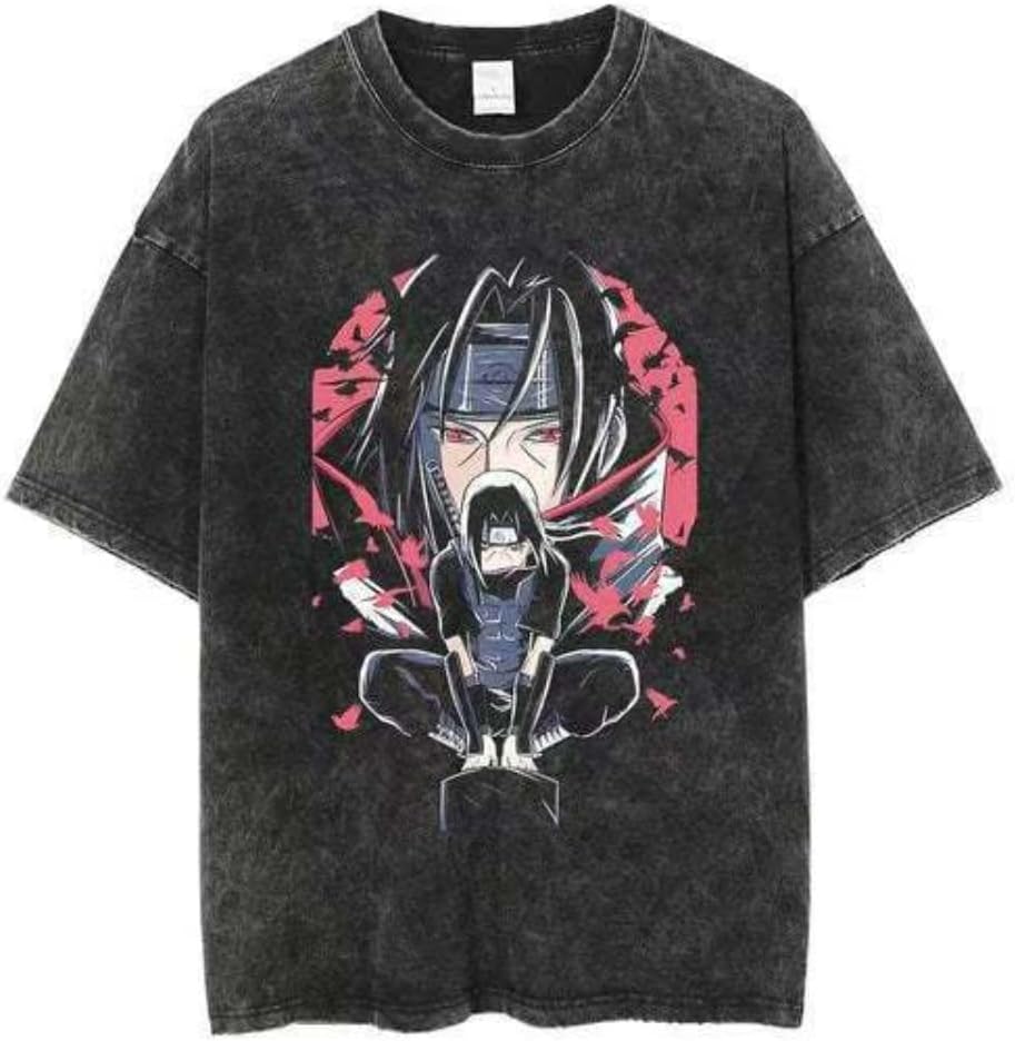 Vintage Washed Cotton Anime Graphic T-Shirt, Short Sleeve, Black, S-3XL