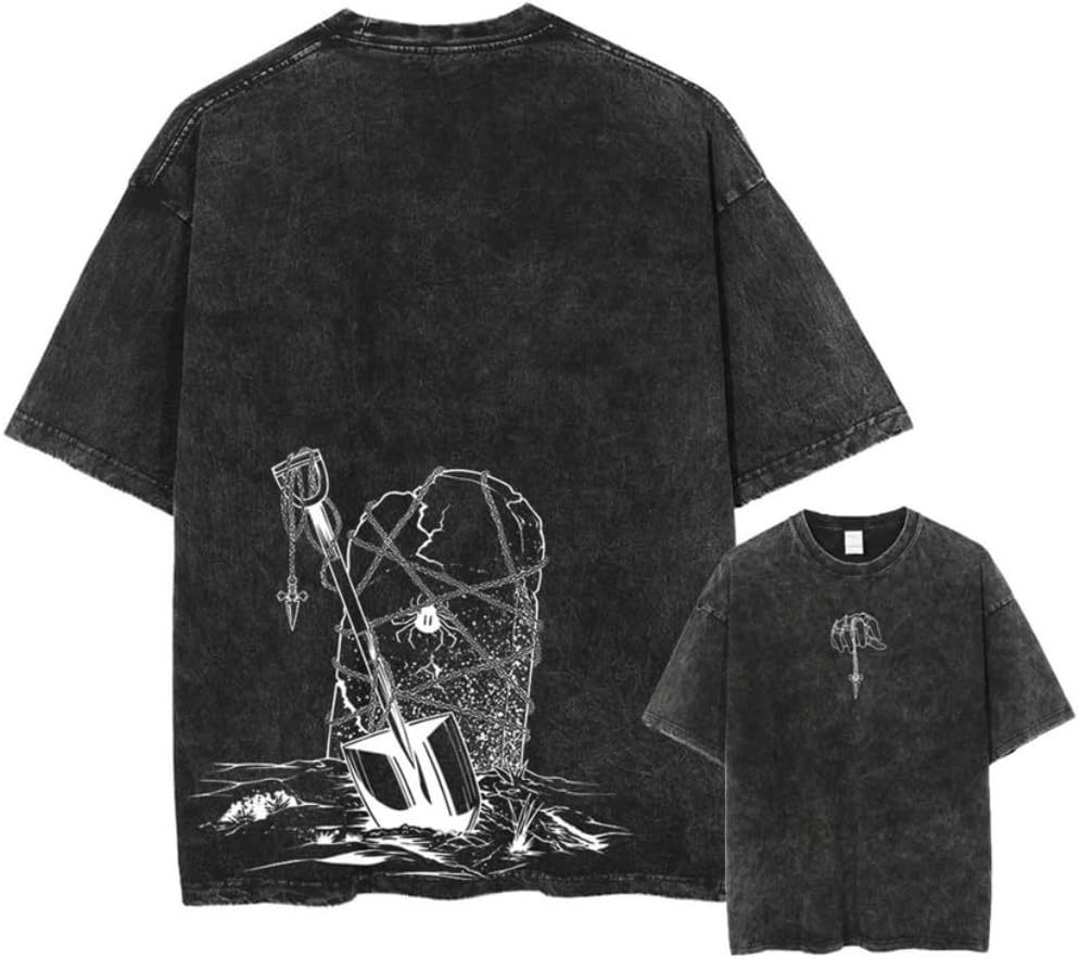 Vintage Washed Cotton Anime Graphic T-Shirt, Short Sleeve, Black, S-3XL