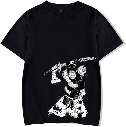 Vintage Washed Cotton Anime Graphic T-Shirt, Short Sleeve, Black, S-3XL