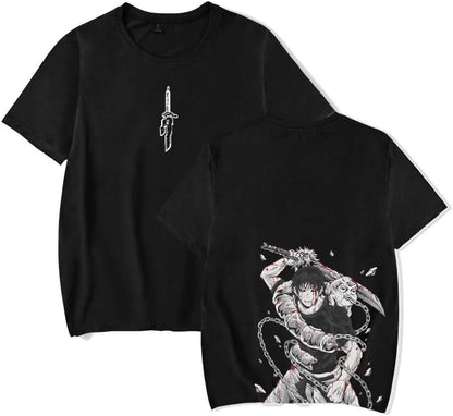 Vintage Washed Cotton Anime Graphic T-Shirt, Short Sleeve, Black, S-3XL