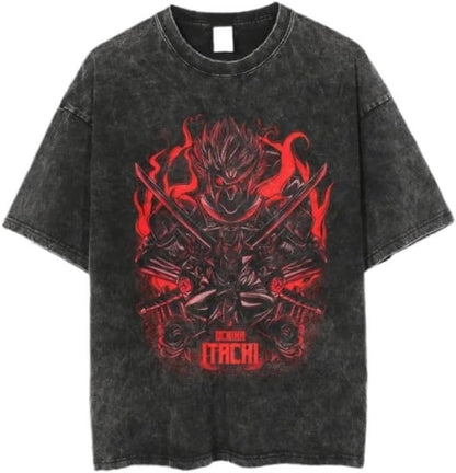 Vintage Washed Cotton Anime Graphic T-Shirt, Short Sleeve, Black, S-3XL
