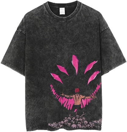 Vintage Washed Cotton Anime Graphic T-Shirt, Short Sleeve, Black, S-3XL