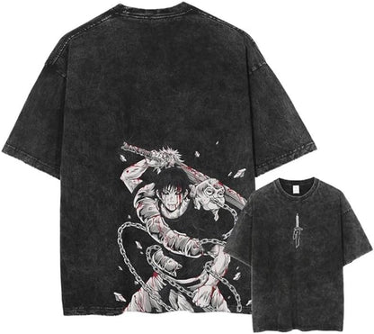 Vintage Washed Cotton Anime Graphic T-Shirt, Short Sleeve, Black, S-3XL