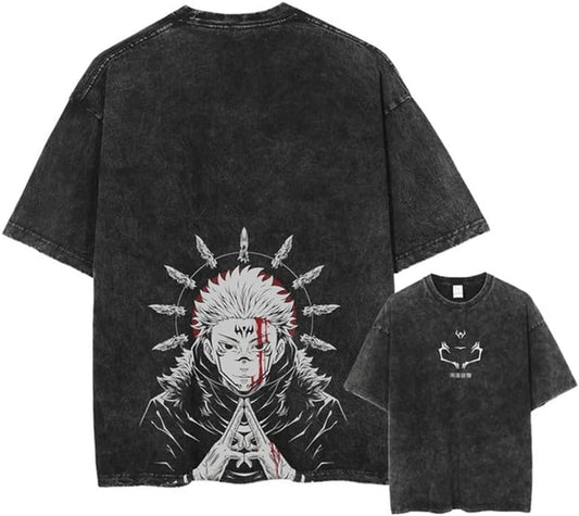 Vintage Washed Cotton Anime Graphic T-Shirt, Short Sleeve, Black, S-3XL