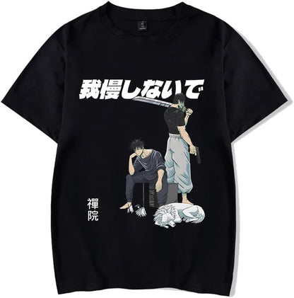 Vintage Washed Cotton Anime Graphic T-Shirt, Short Sleeve, Black, S-3XL