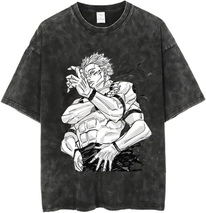 Vintage Washed Cotton Anime Graphic T-Shirt, Short Sleeve, Black, S-3XL