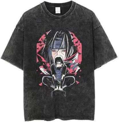 Vintage Washed Cotton Anime Graphic T-Shirt, Short Sleeve, Black, S-3XL