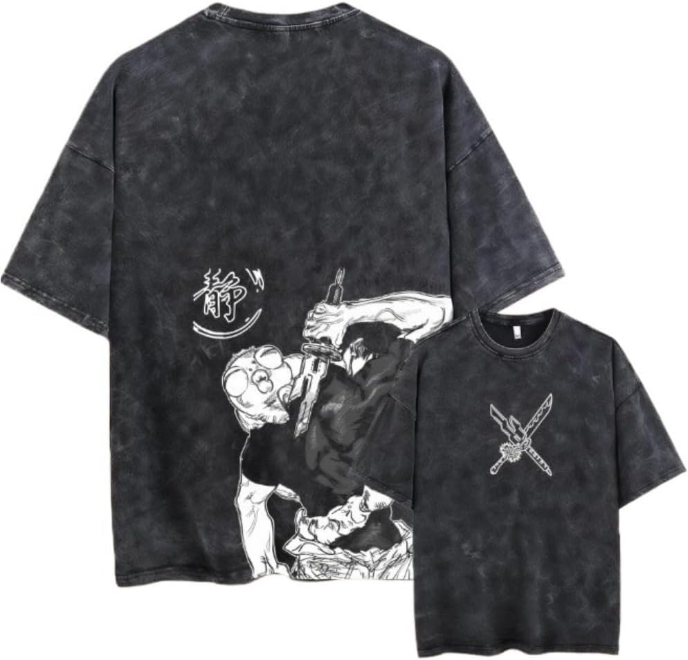 Vintage Washed Cotton Anime Graphic T-Shirt, Short Sleeve, Black, S-3XL