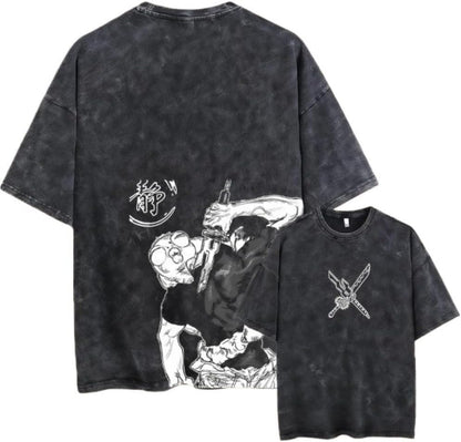 Vintage Washed Cotton Anime Graphic T-Shirt, Short Sleeve, Black, S-3XL