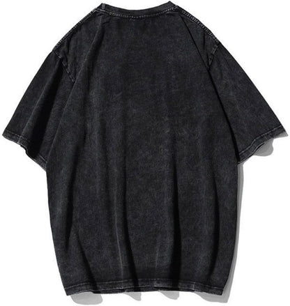 Vintage Washed Cotton Anime Graphic T-Shirt, Short Sleeve, Black, S-3XL
