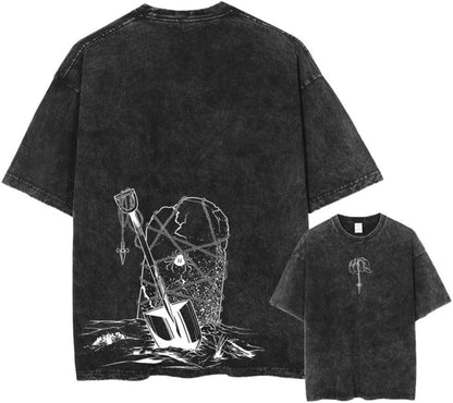 Vintage Washed Cotton Anime Graphic T-Shirt, Short Sleeve, Black, S-3XL